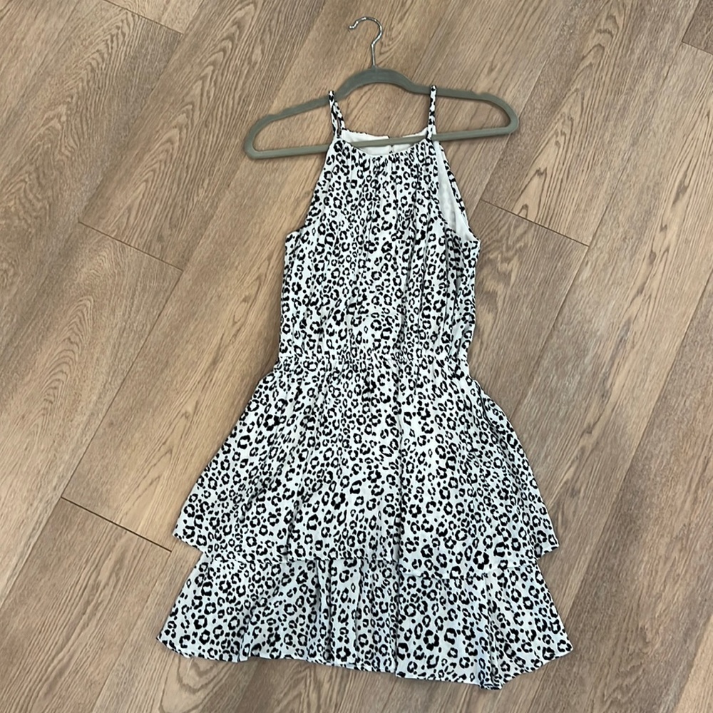 Aqua Black and White Leopard Print Tiered Layer Dress with Elastic Waist, Medium